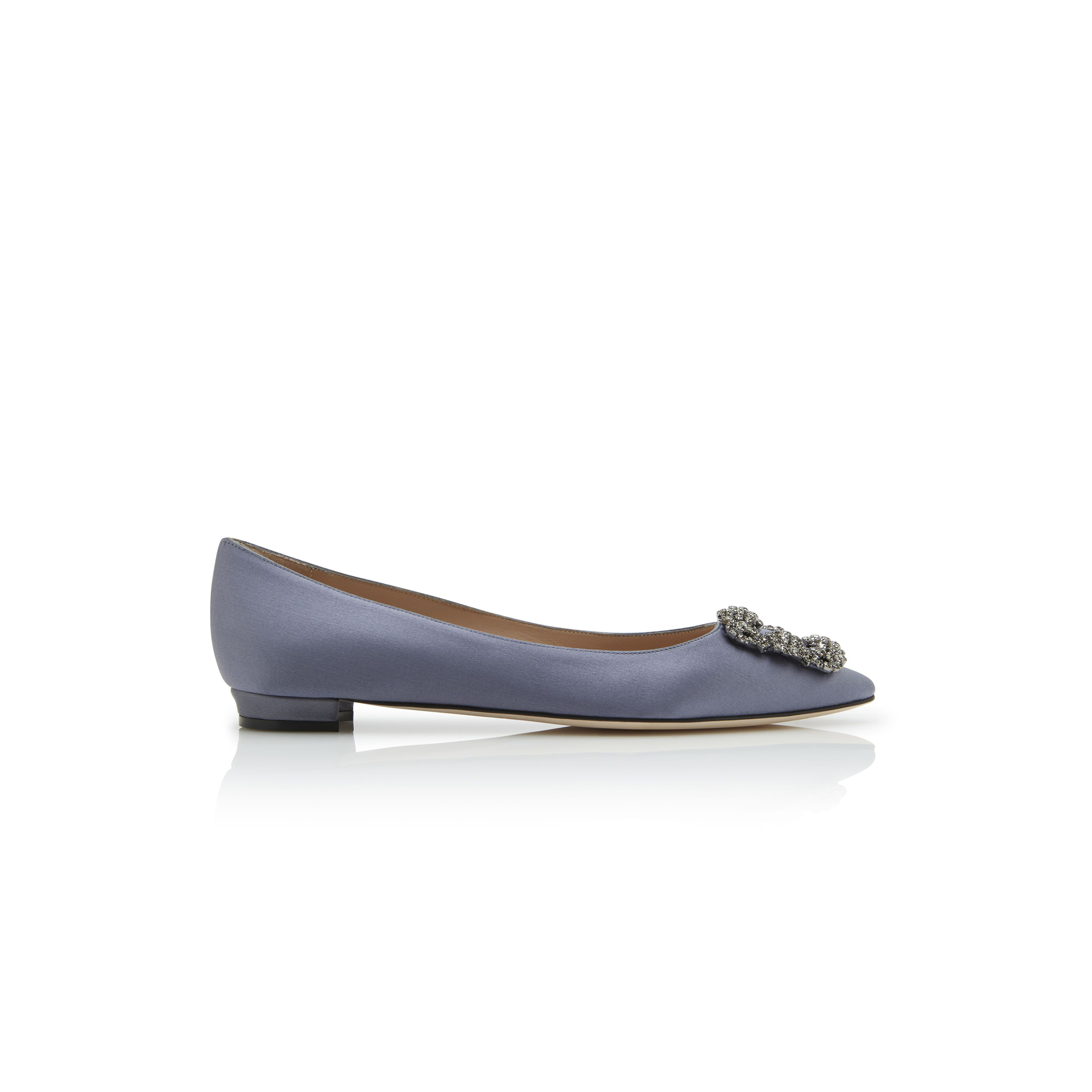 MANOLO BLAHNIK HANGISIFLAT GREY SATIN JEWEL BUCKLE FLAT PUMPS 9XX-0348-0034 MANOLO BLAHNIK HANGISIFLAT GREY SATIN JEWEL BUCKLE FLAT PUMPS 9XX-0348-0034